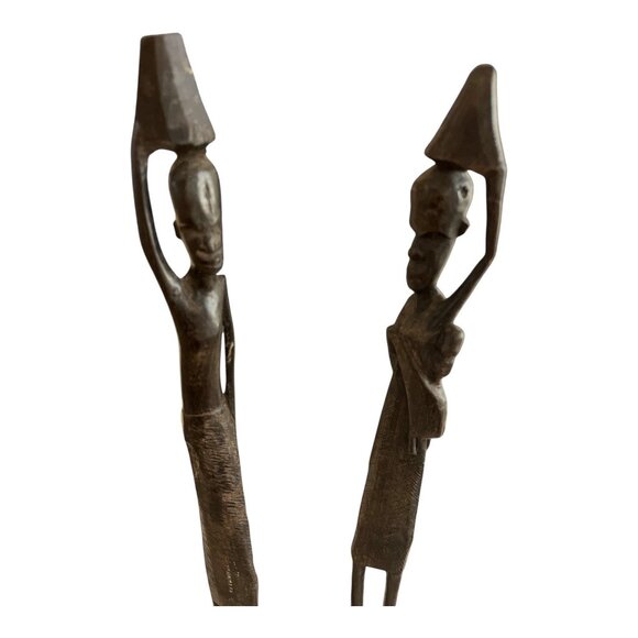 Vtg Hand-Carved Wooden Sculpture – African Tribal Figures Carrying Vessels, 15” - Picture 2 of 4
